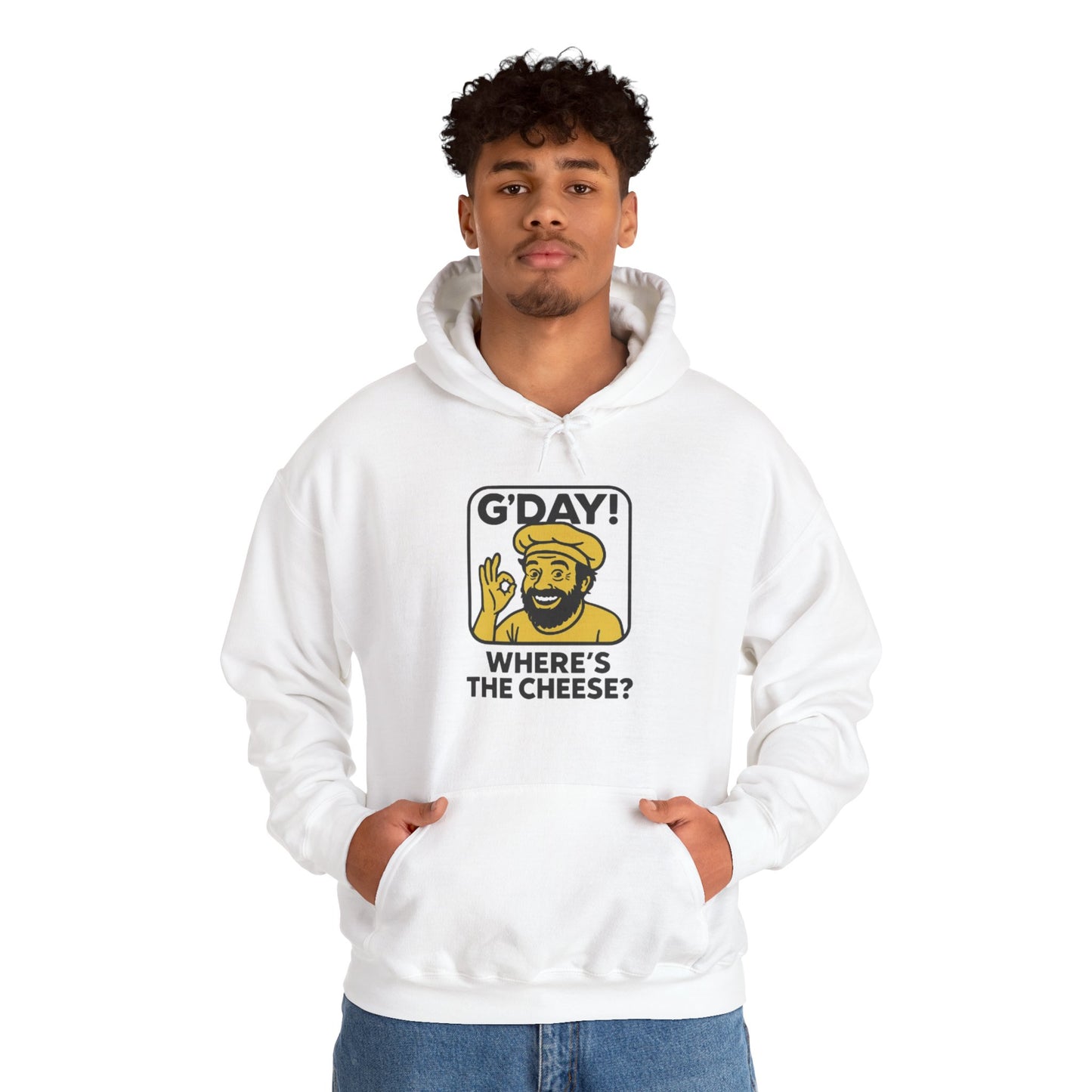 G'DAY! Where's the Cheese? Unisex Hoodie, White