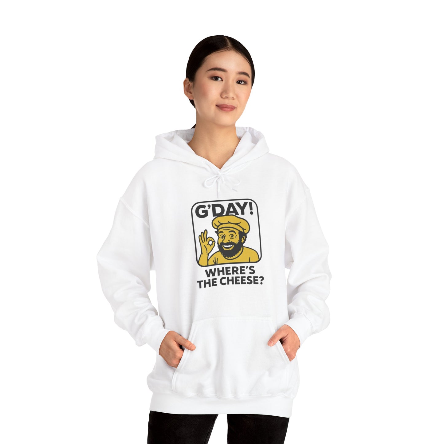 G'DAY! Where's the Cheese? Unisex Hoodie, White