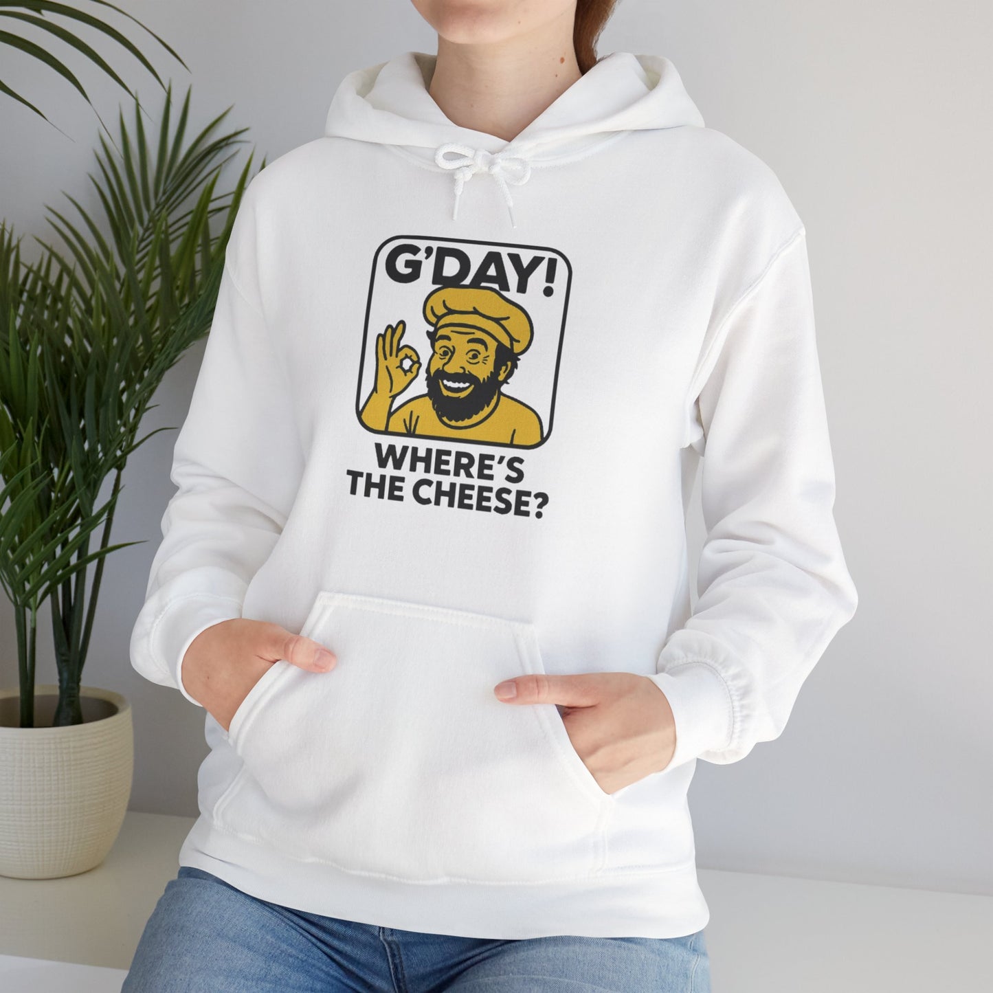 G'DAY! Where's the Cheese? Unisex Hoodie, White
