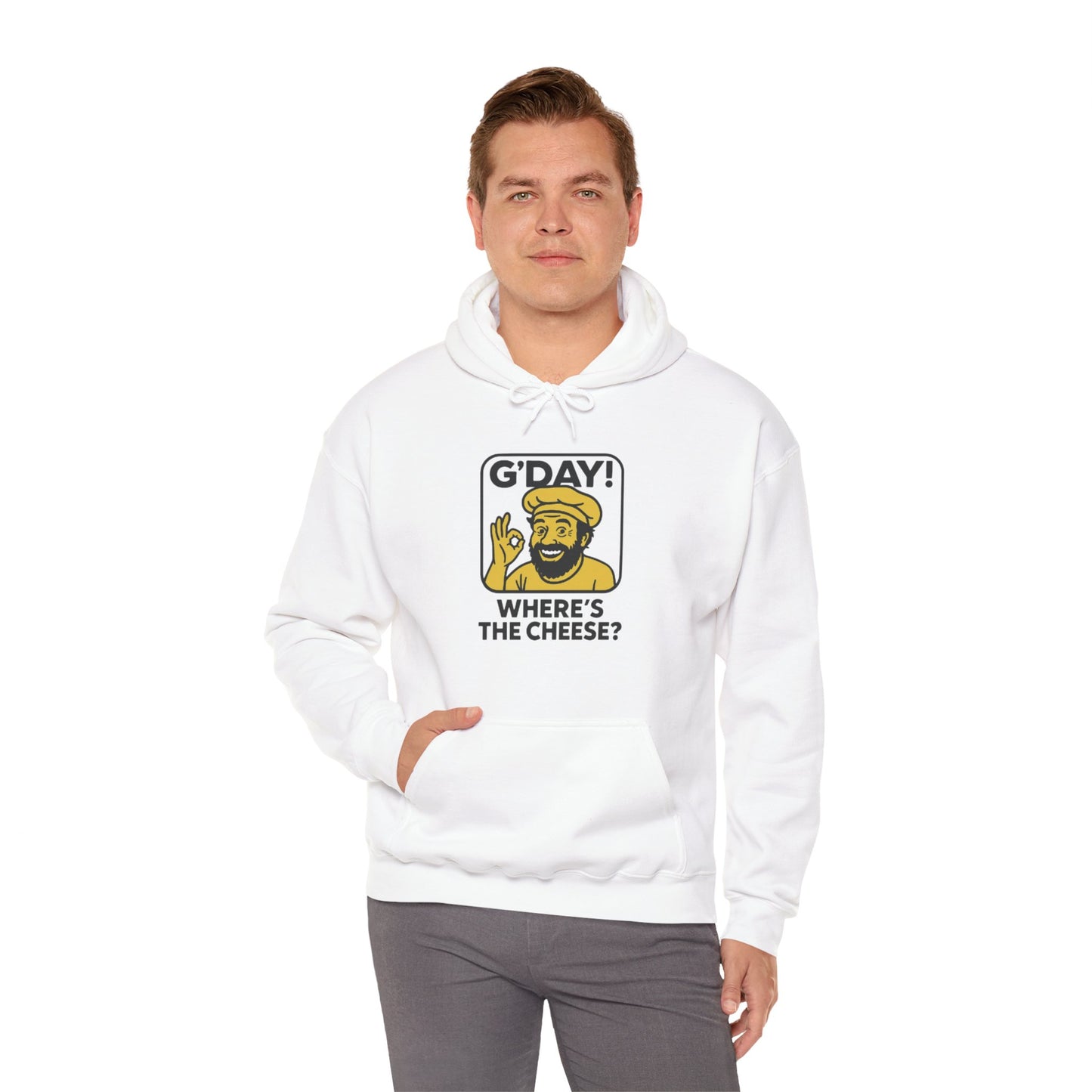 G'DAY! Where's the Cheese? Unisex Hoodie, White