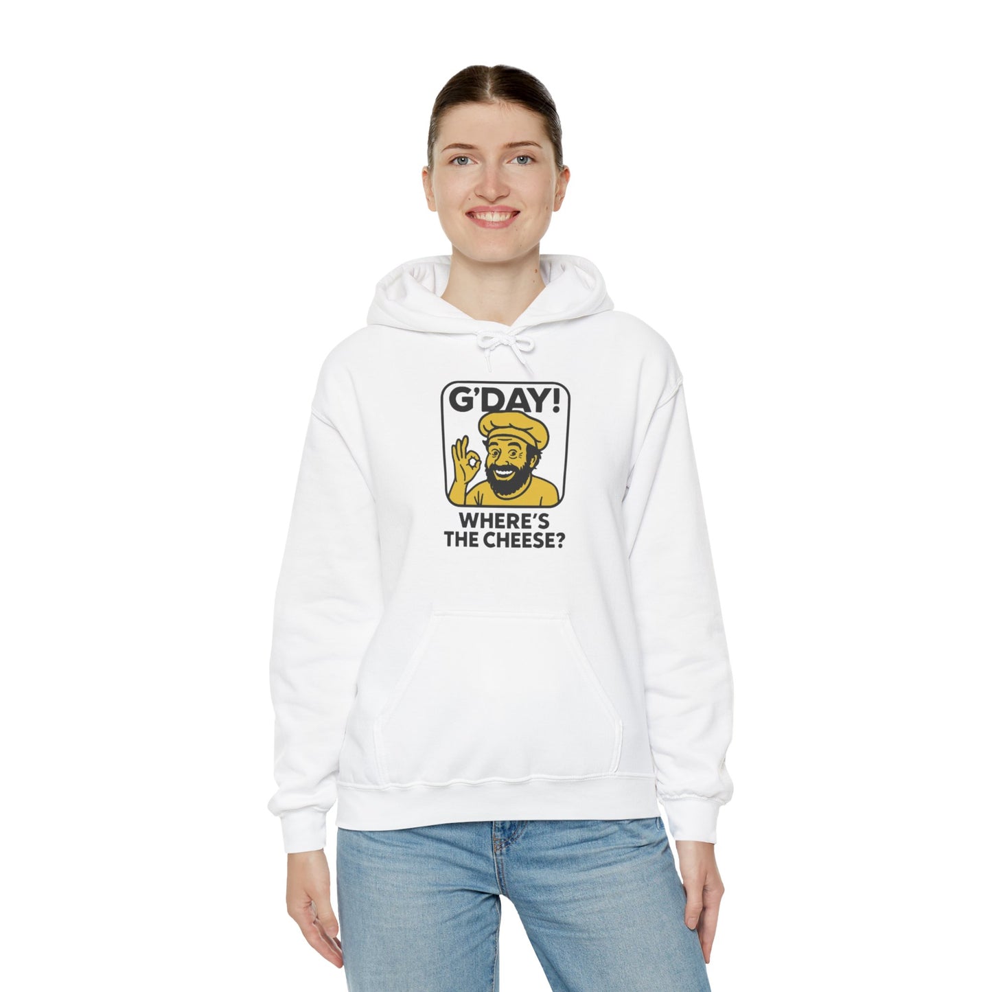 G'DAY! Where's the Cheese? Unisex Hoodie, White